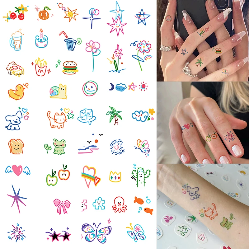 夏日小图彩色纹身贴纸防水持久手指多巴胺ins可爱不反光卡通图案