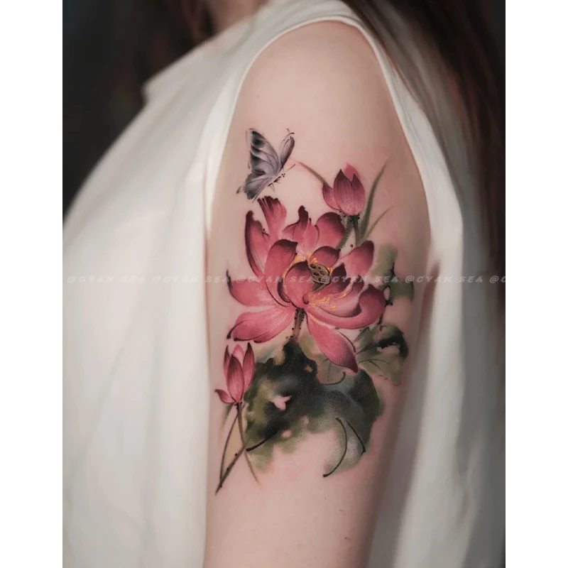 爆款水墨国风荷花纹身贴手臂防水女高级持久逼真大图遮疤贴纸可洗