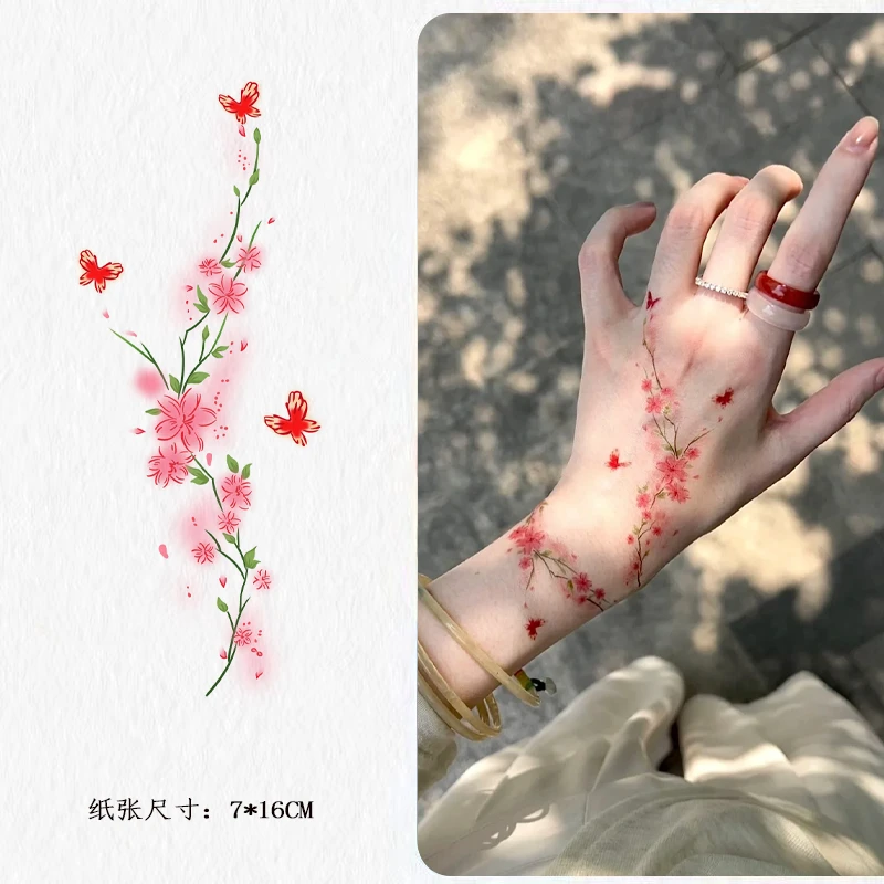 可水洗高颜值桃花蝴蝶纹身贴手腕纯欲唯美防水女半永久逼真不反光