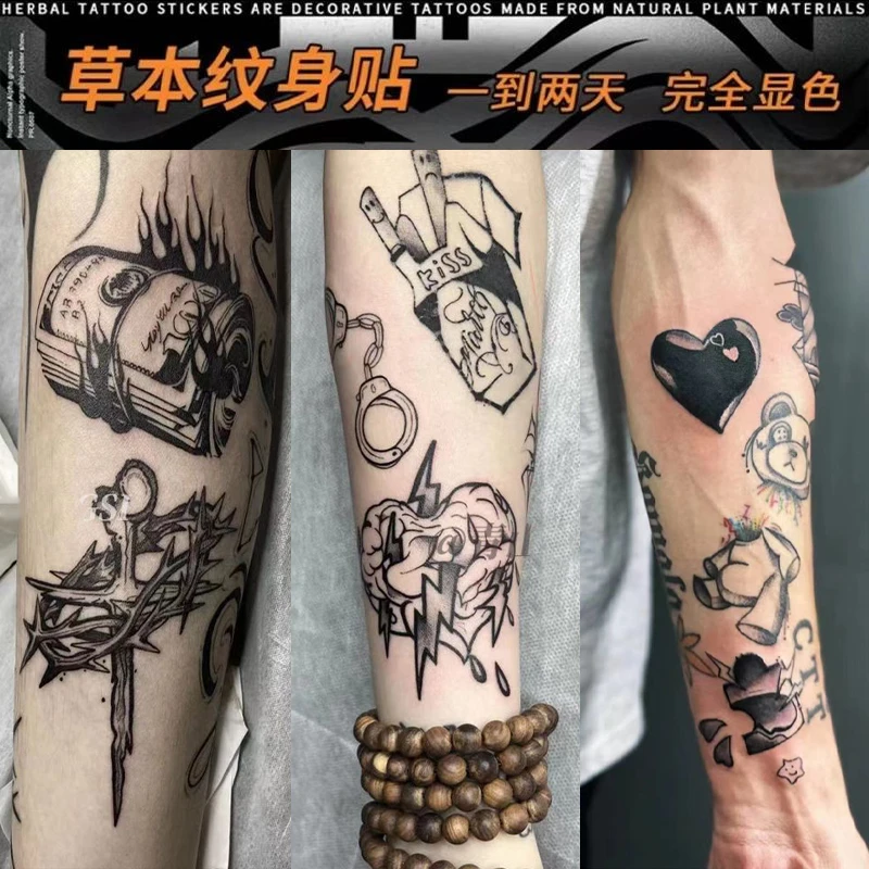 oldschool拼接花臂草本纹身贴防水防搓半永久逼真刺青色ins潮酷男