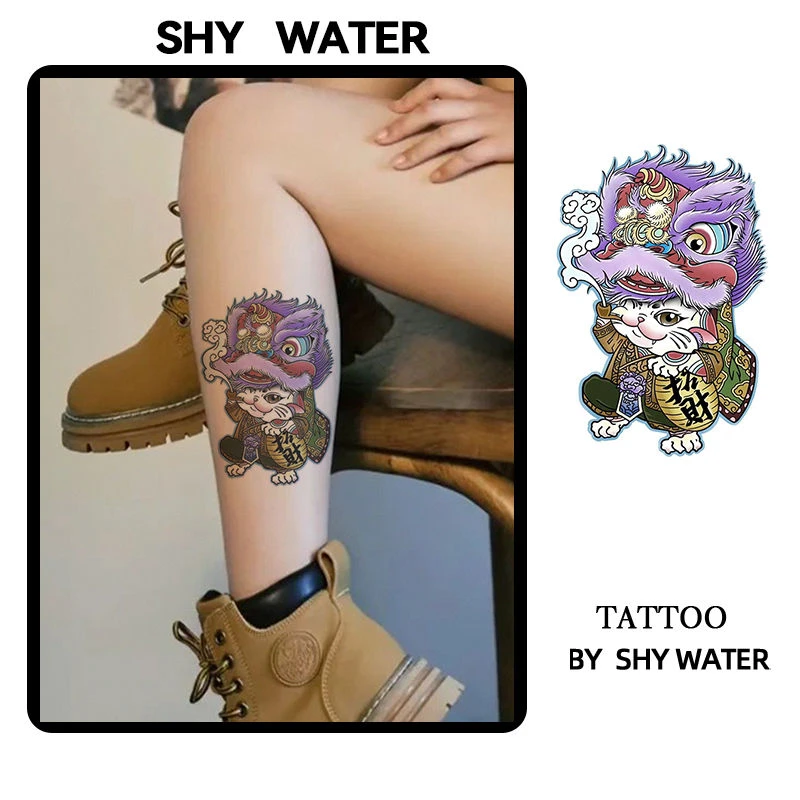 新中式舞狮招财猫彩色纹身贴ins可爱高级防水持久手臂仿真遮疤女