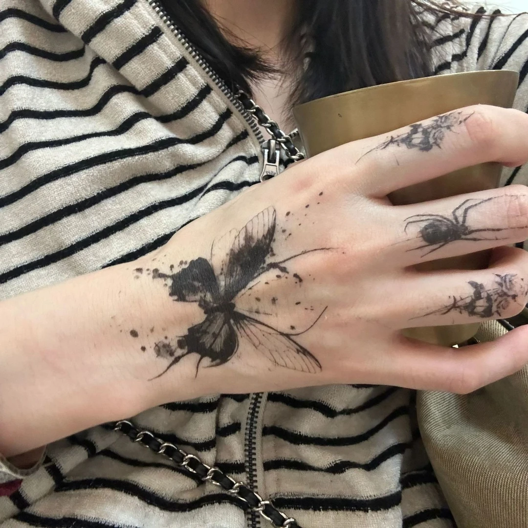 重蹈覆辙蝴蝶草本纹身贴暗黑系高颜值泫雅风真实手背潮酷刺青男女