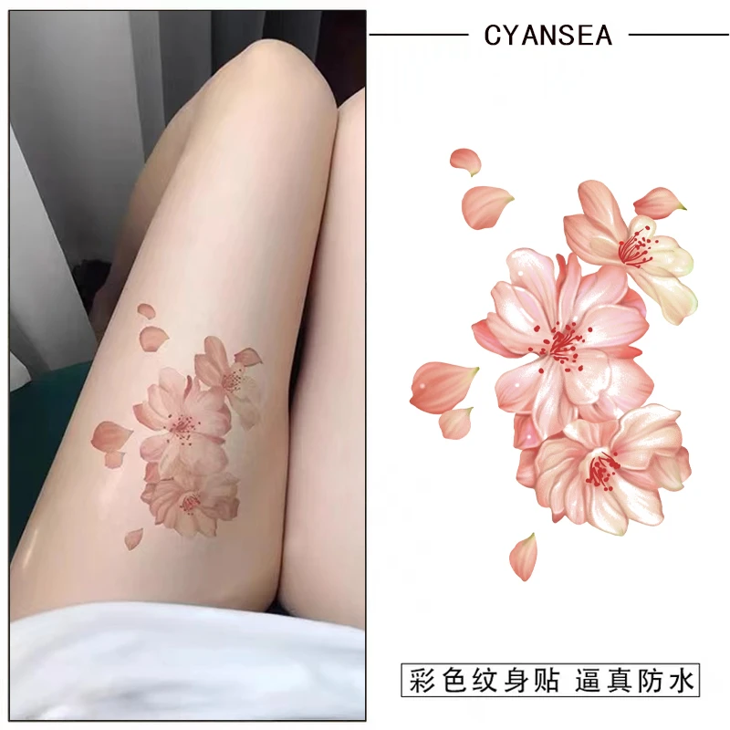 彩色纹身贴防水女持久桃花朵朵性感花臂贴纸高级仿真刺青遮盖疤痕