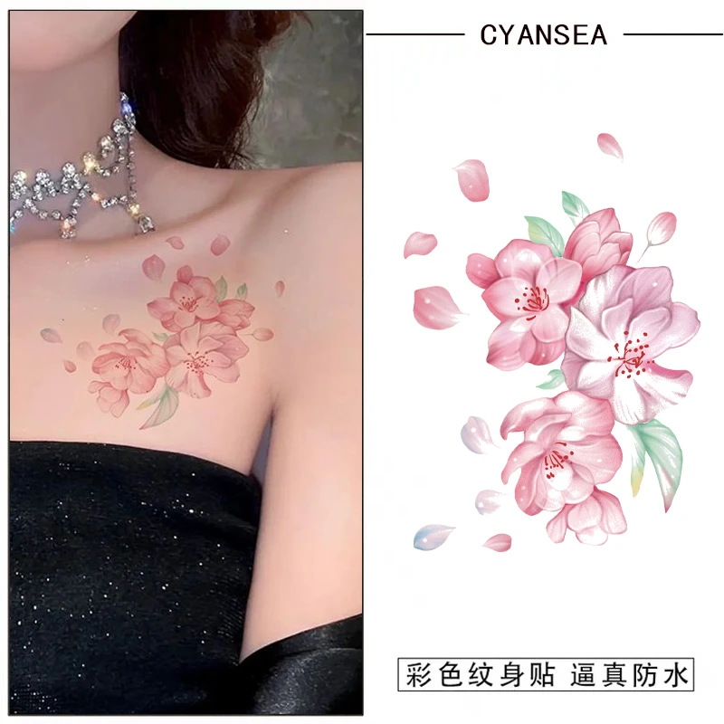 桃花如瓣 胸前锁骨彩色纹身贴防水持久甜美清新少女感贴纸真实感