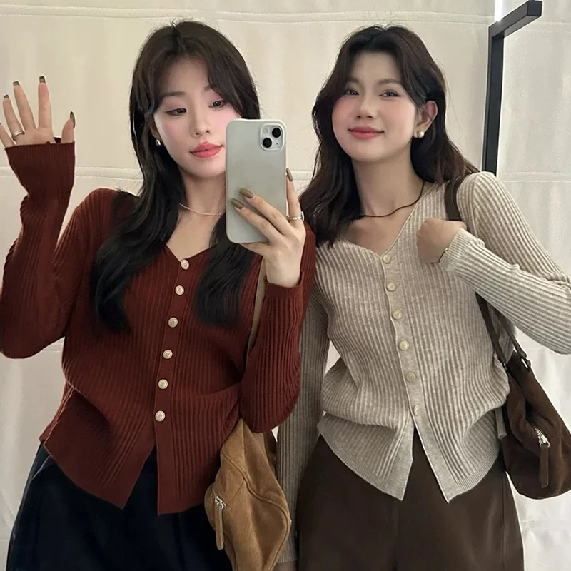 韩版2024早秋新款通勤百搭V领显瘦针织开衫长袖洋气女装上衣