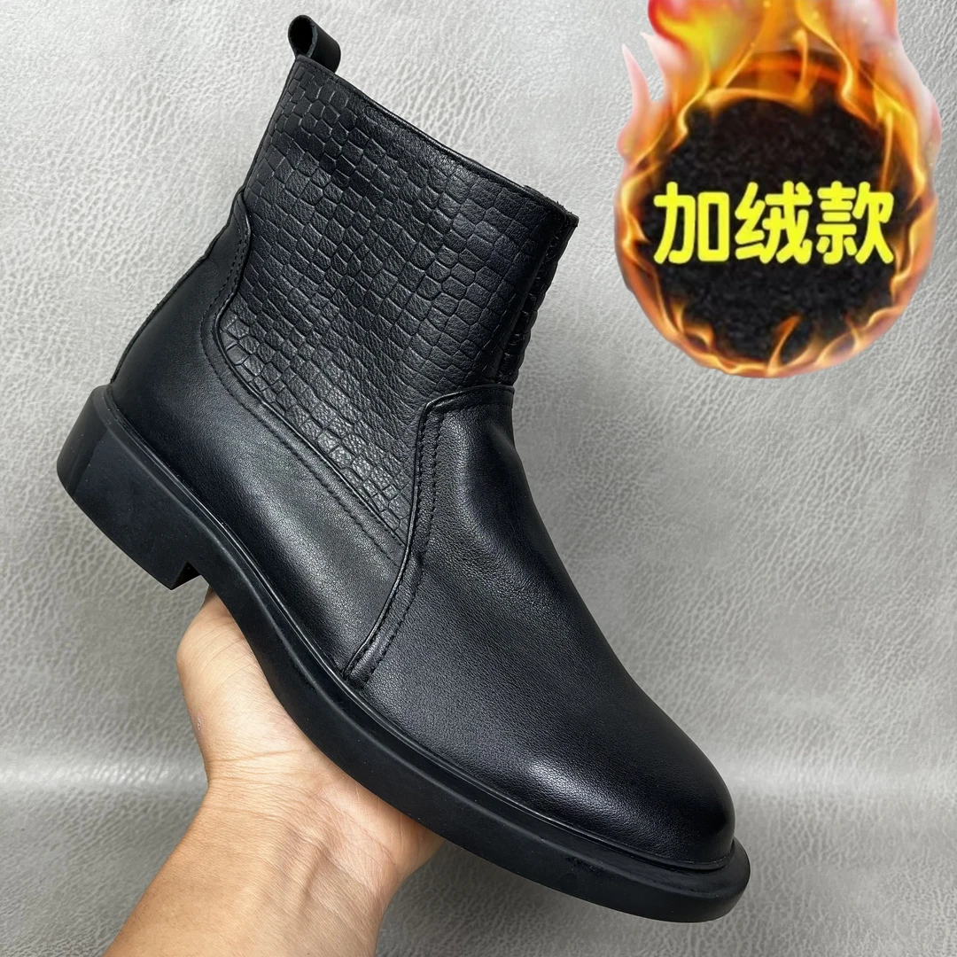 新款高帮切尔西中筒靴头层牛皮男士靴子秋冬保暖棉鞋