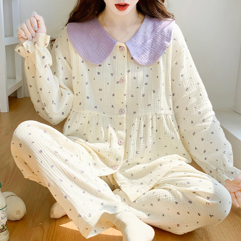 100%纯棉刺绣纱布孕妇睡衣女春月子服夏季薄款产后孕期哺乳家居服