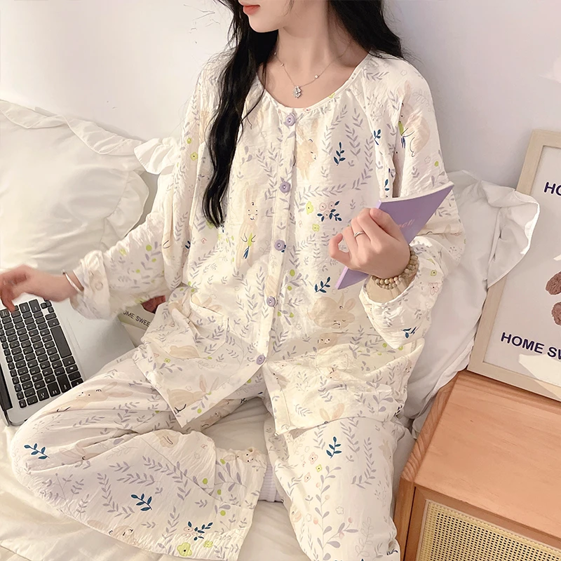 【带胸垫春夏薄款皱皱棉纱】月子服产后产妇孕妇哺乳睡衣宽松透气