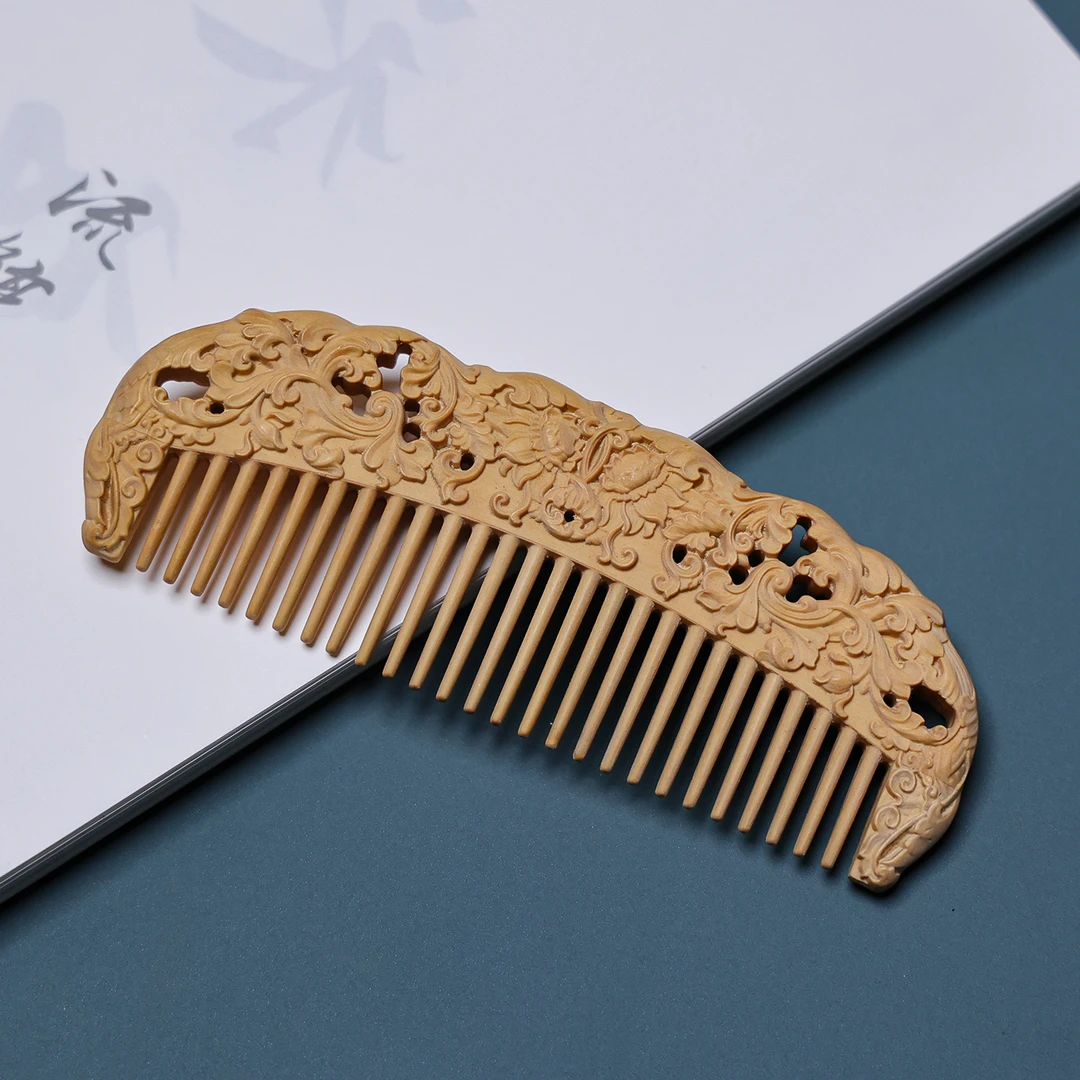 湖北小叶黄杨榫卯拼接精雕木梳牢固更耐用雕刻五福西番莲宝莲花
