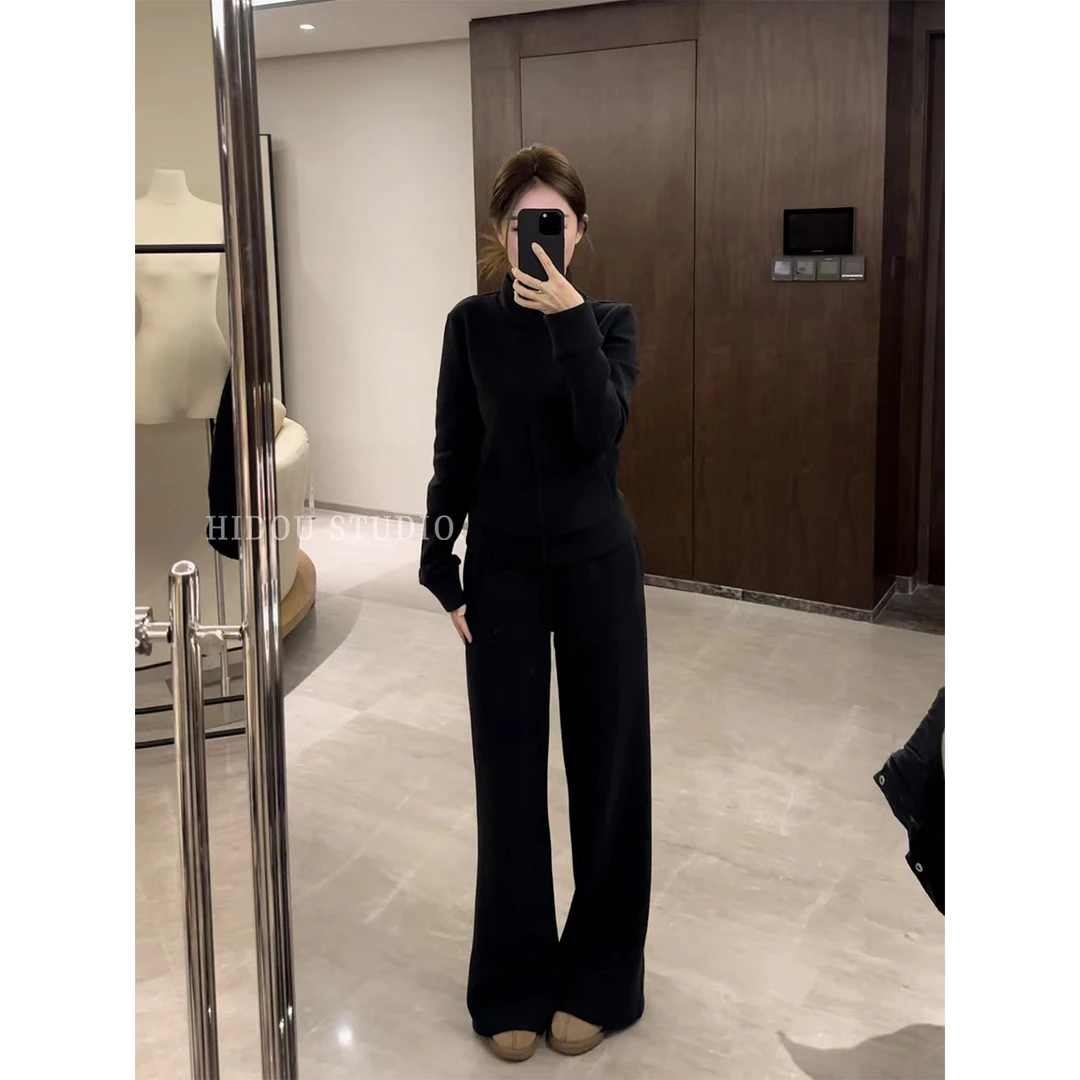 【痘痘私服】|【自在无拘】黑灰细条纹立领卫衣休闲套装