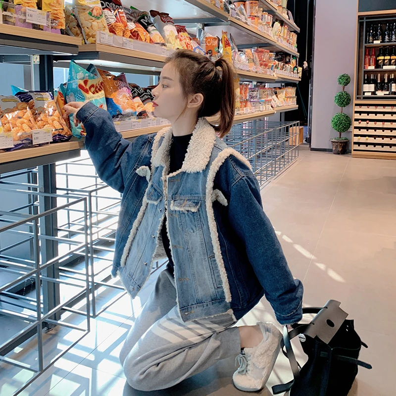 【痘痘现货】｜牛仔拼接时尚韩版外套百搭冬季加厚加绒小香风