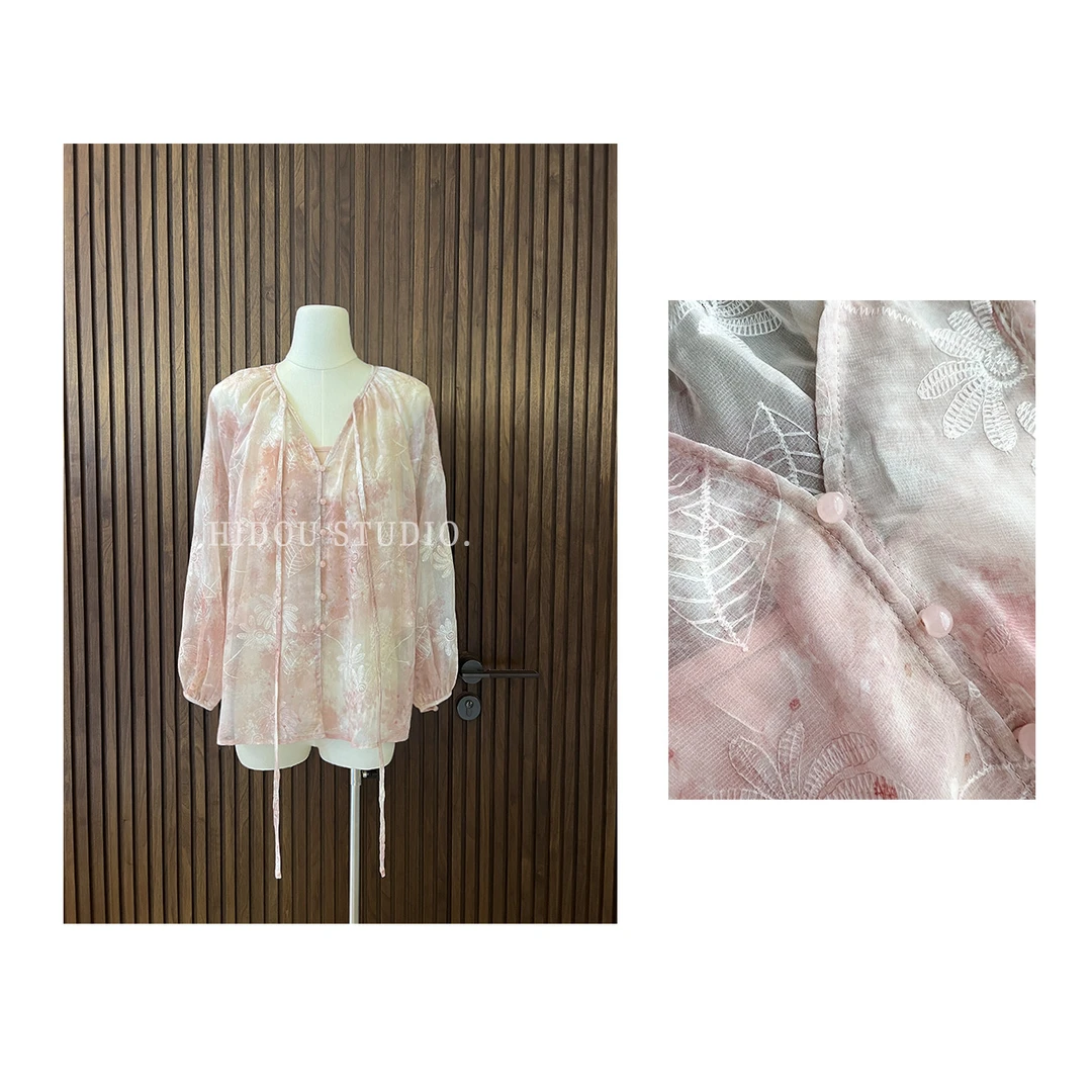【痘痘私服】|【樱粉花信】甜美晕染轻薄衬衫带背心两件套