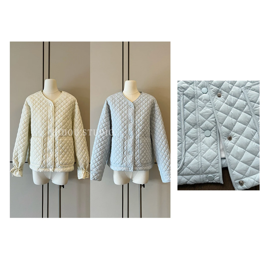 【痘痘私服】|【小花苞袖】韩系减龄菱格纯色圆领棉服