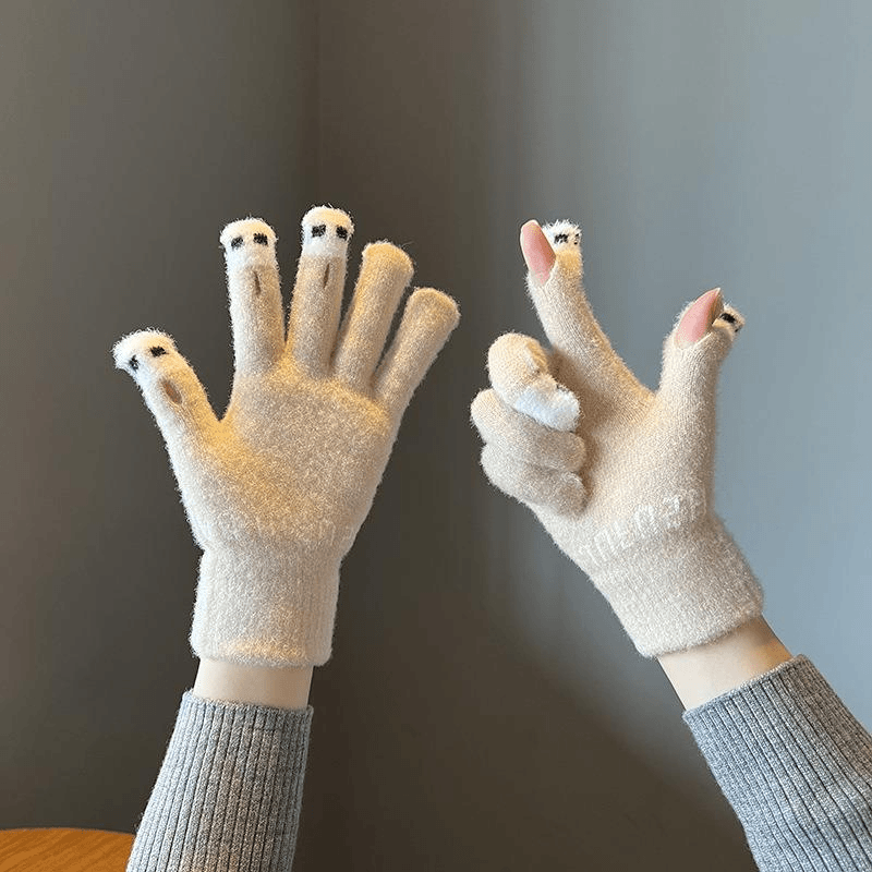 ins触屏分指手套女冬骑行防风保暖熊猫提花可爱学生毛线手套保暖