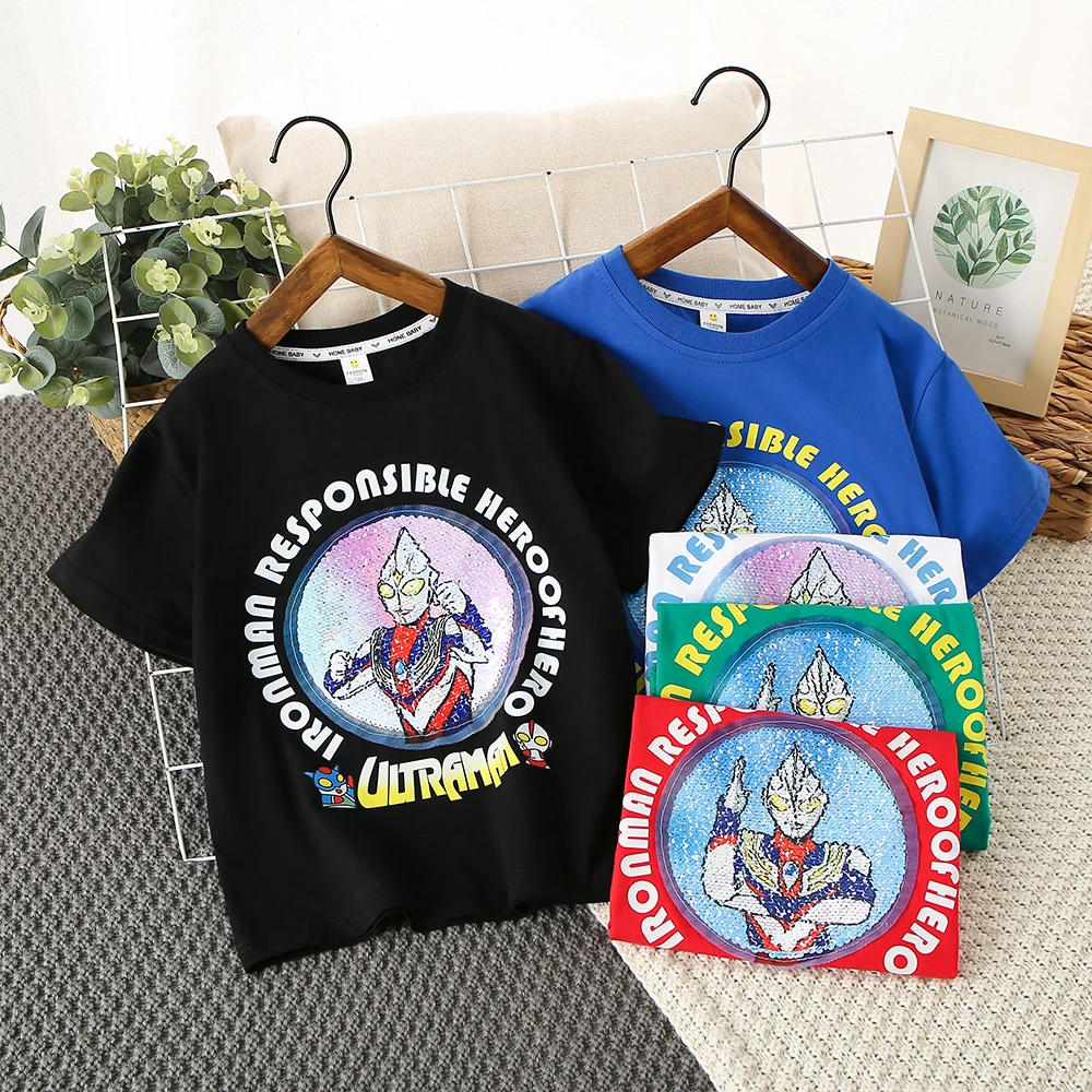 亮片卡通奥特曼纯棉短袖可变脸变色洋气夏季新款t恤中大男童上衣