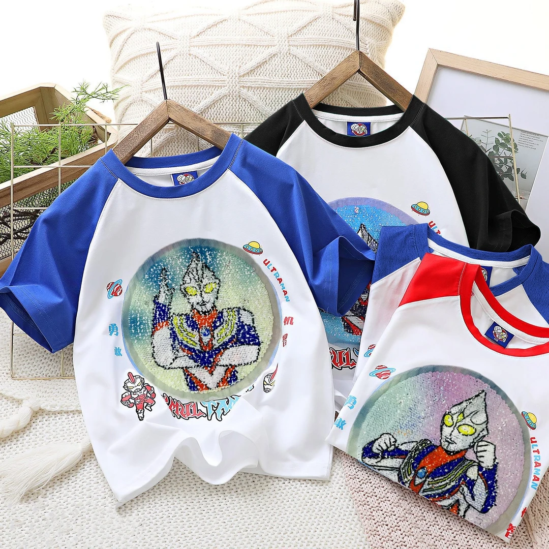 奥特曼男孩短袖T恤夏季薄款中大男童纯棉夏季亮片变色迪迦半袖衫