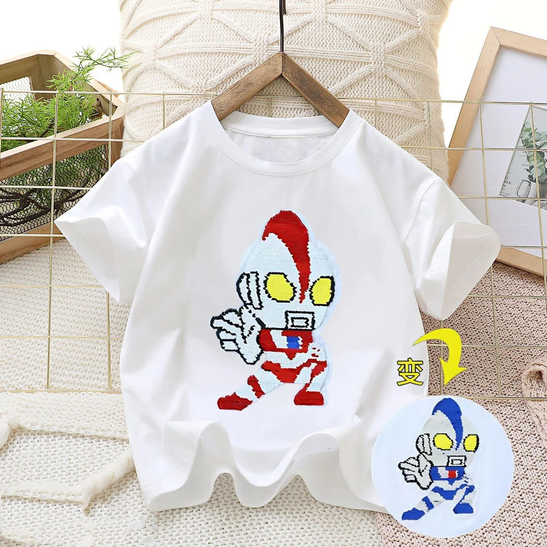 儿童变色奥特曼t恤短袖薄款上衣2024夏季男童装亮片迪迦纯棉衣服