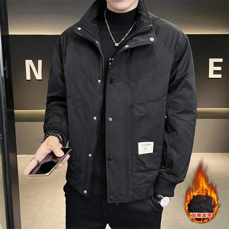秋冬新款男士外套加棉加厚保暖舒适立领青年夹克衫潮牌休闲百搭