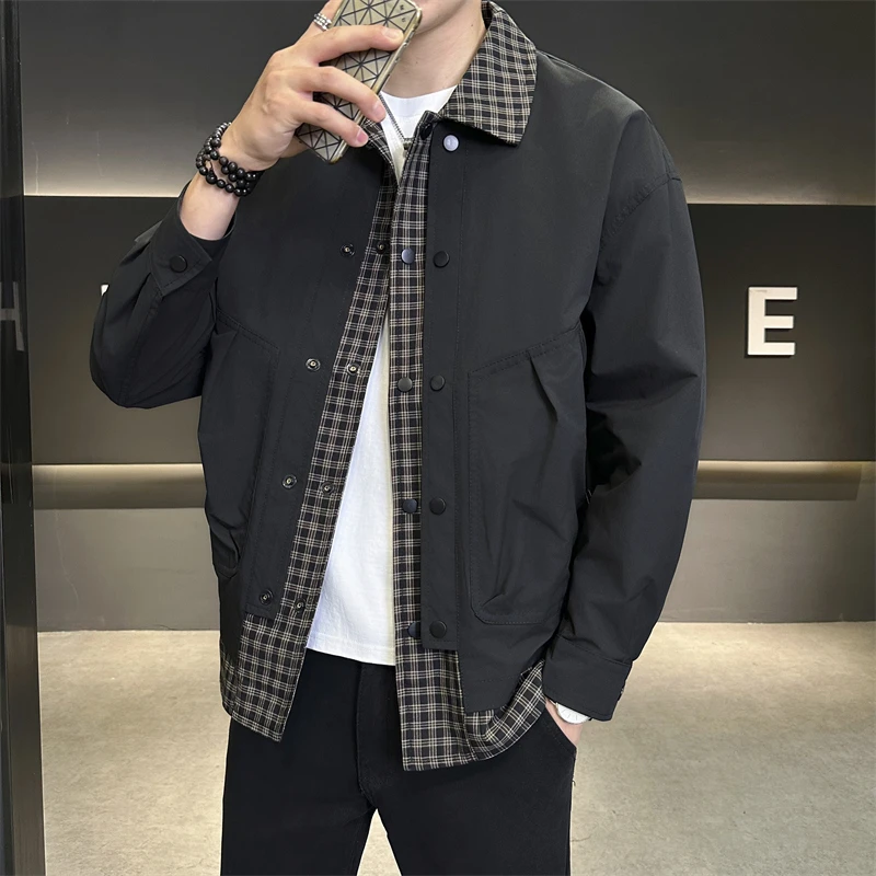假两件休闲格子外套男士翻领夹克秋季潮流宽松拼接时尚百搭潮工装
