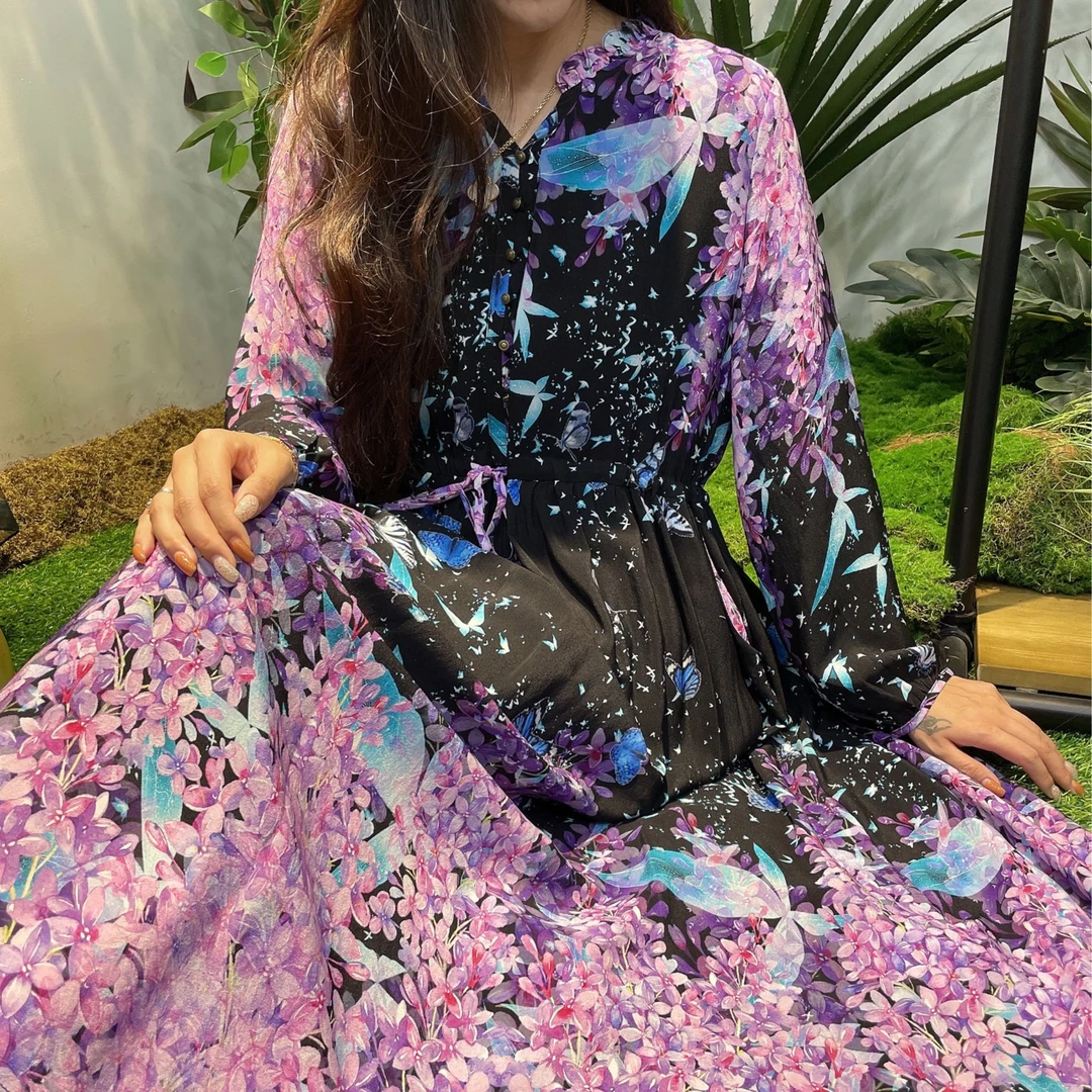 【梦蝶】桑蚕丝紫色长袖洋气百搭春秋长款连衣裙1571