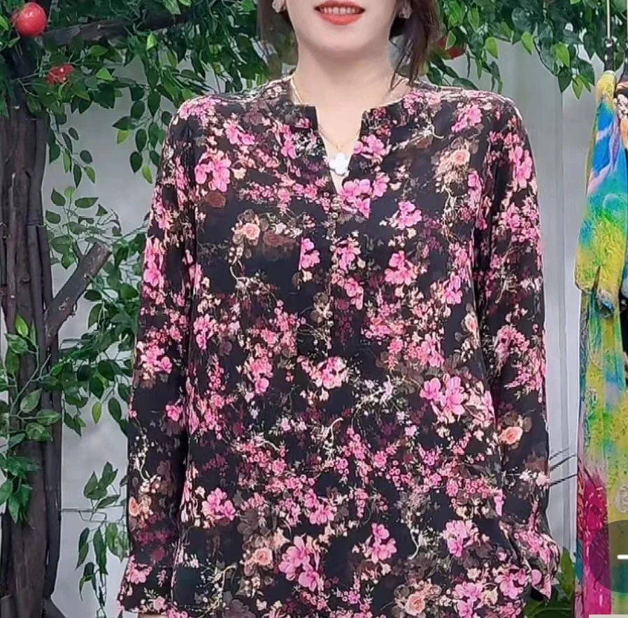 【桃花朵朵】桑蚕丝时尚百搭夏季复古显瘦沙滩印花民族风衬衣22-901