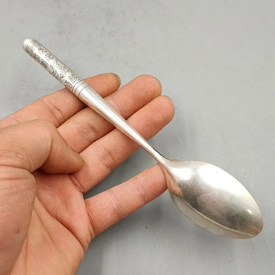 足银银制品 百福镀银勺子复古家用纯手工个性古典便携