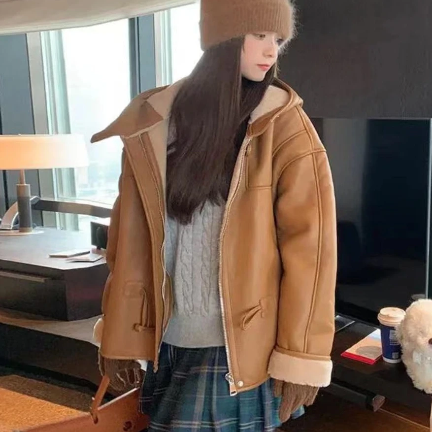 皮毛一体中长款[6612]时尚休闲连帽秋冬女装