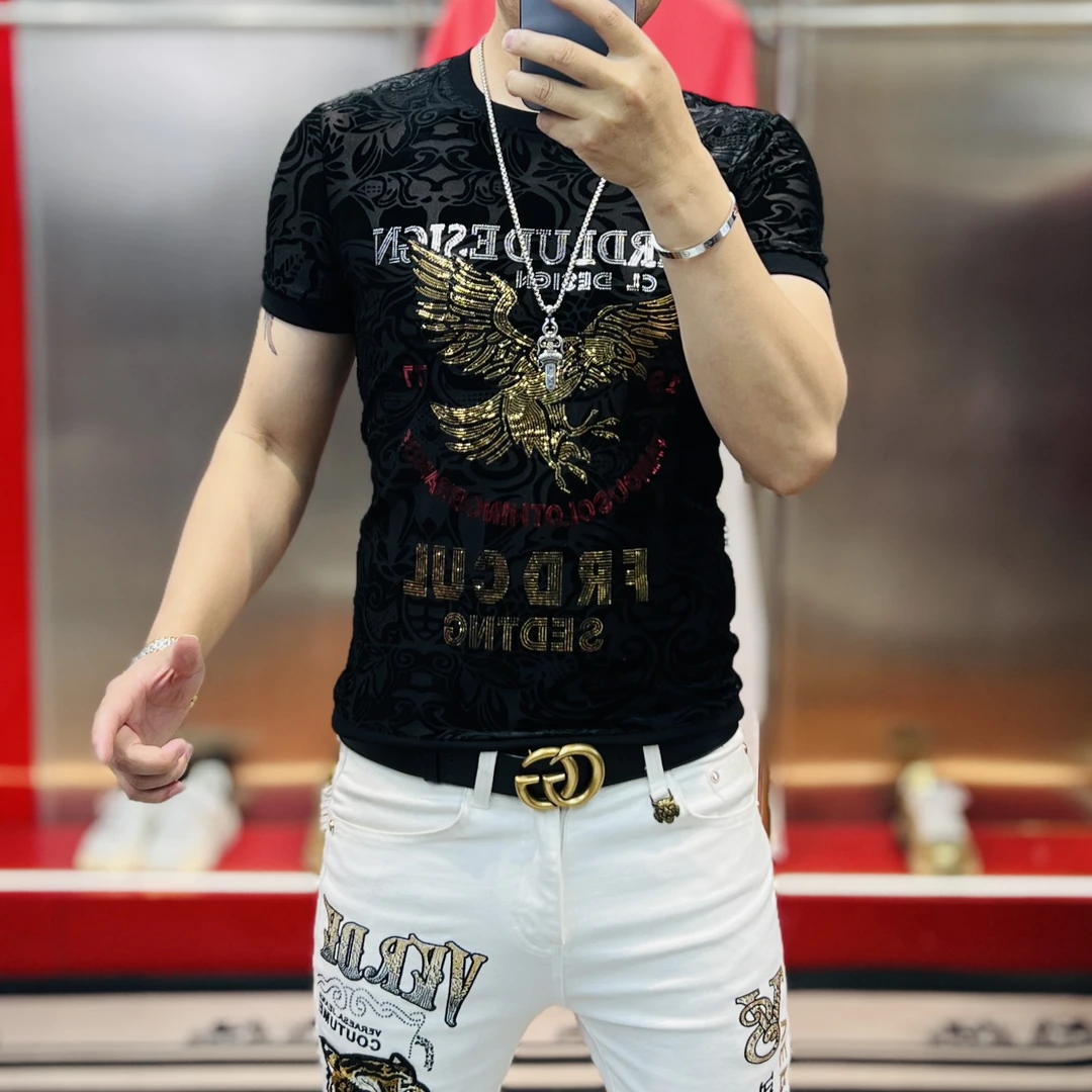 领者家2025新款提花烫钻雄鹰时尚百搭网红痞帅修身显瘦男士短袖潮