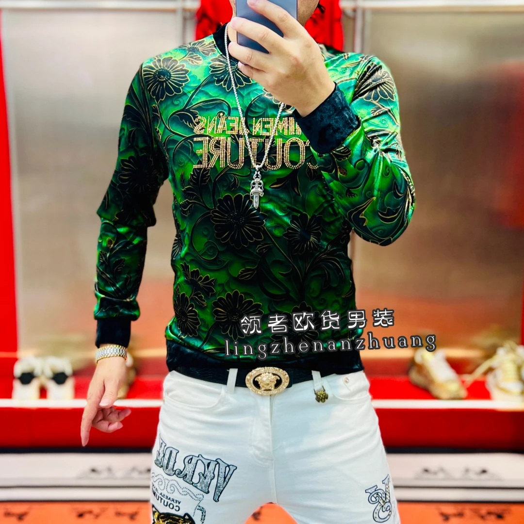 秋季新款太阳花满天星提花时尚百搭网红潮流欧货男士长袖打底卫衣