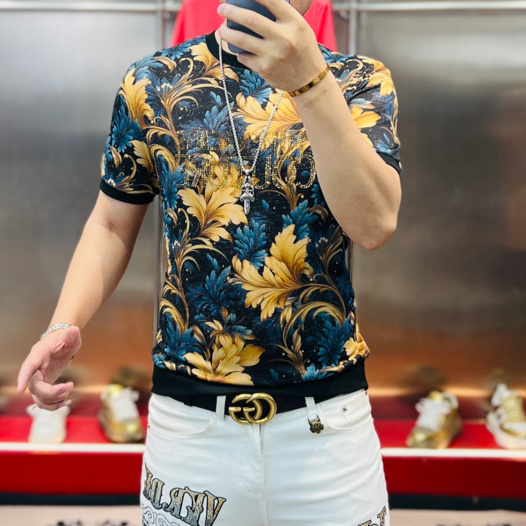 领者家夏季新款高清提花树叶时尚百搭网红痞帅修身显瘦男士短袖潮