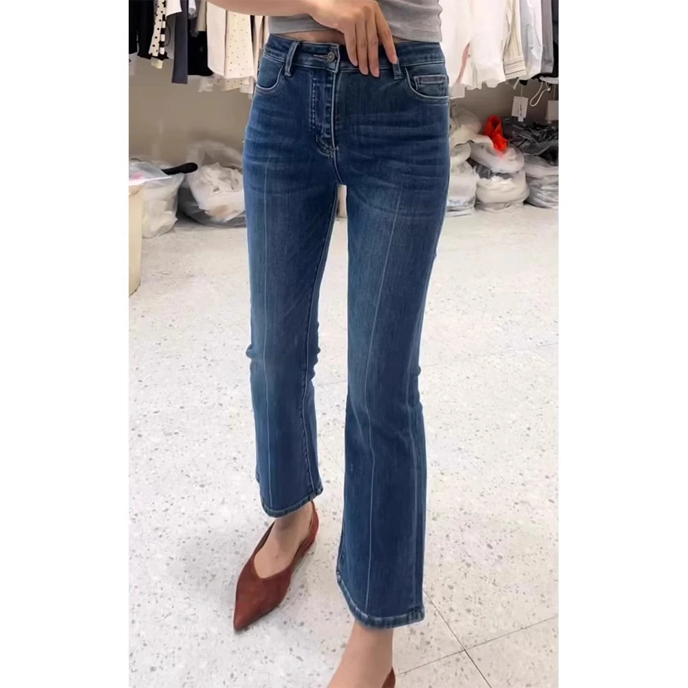 大码女装弹力牛仔裤梨形身材裤子早秋显瘦胖MM高腰九分微喇叭裤子