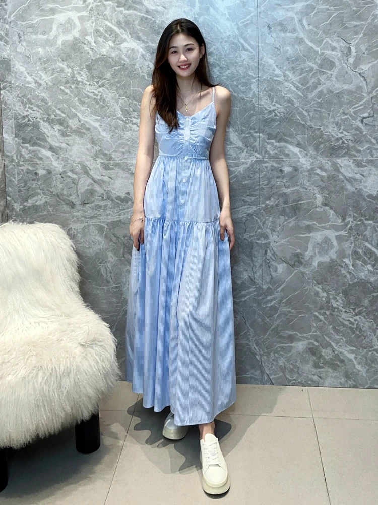【商场同款】棉质捏褶高腰吊带连衣裙女2024夏新品l蓝白条纹中长裙