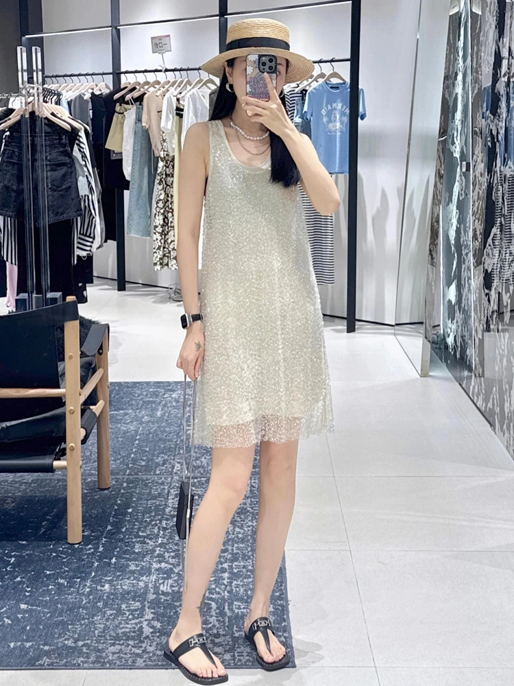 【商场同款】手工金线蕾丝珠片绣两件套连衣裙女2025夏新品背心裙