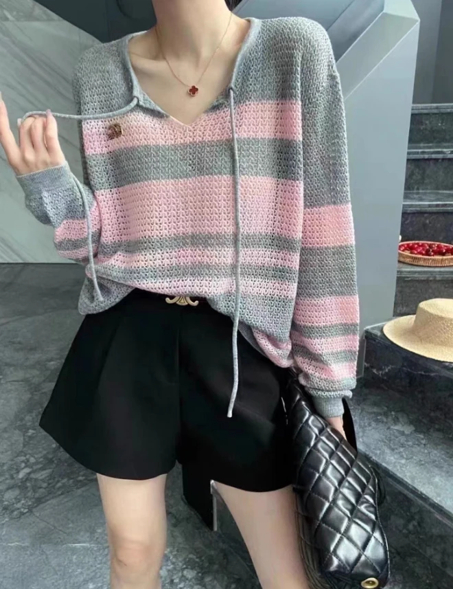 （宝藏衣橱）870555条纹镂空休闲毛衣870555