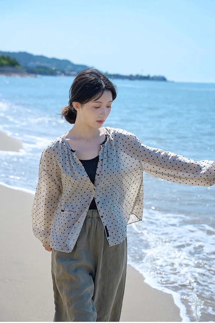凡丝语汉麻雨露麻女士衬衫波点长袖透气上衣休闲2024011