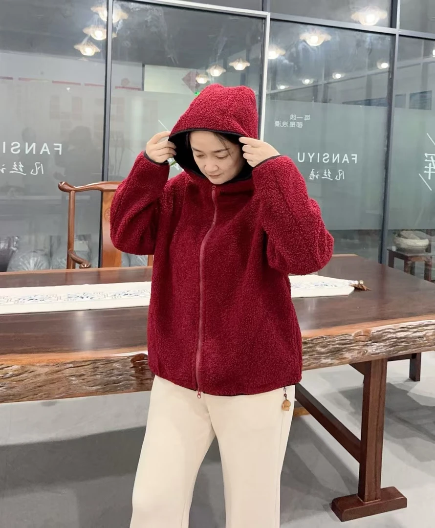 羊毛短外套连帽时尚休闲夹克毛绒外套短款保暖