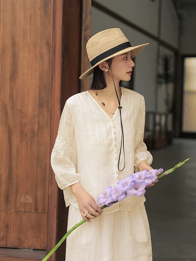 【薯莨染】100%汉麻夏季新品刺绣休闲清凉开衫上衣显瘦