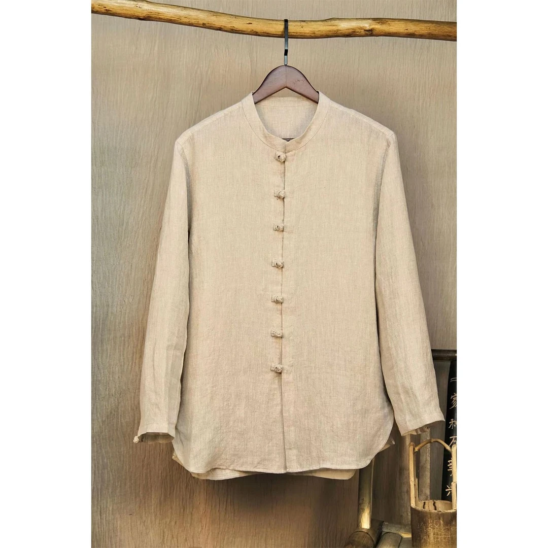 【男款】总裁银灰汉麻雨露麻衬衫中式盘扣上衣古风宽松休闲复古