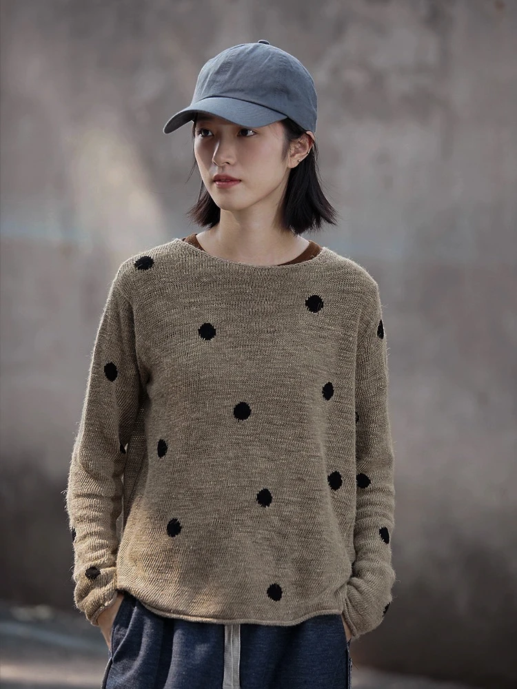 凡丝语麻色波点汉麻棉提点工艺圆领套头毛衫长袖针织衫时尚慵懒风