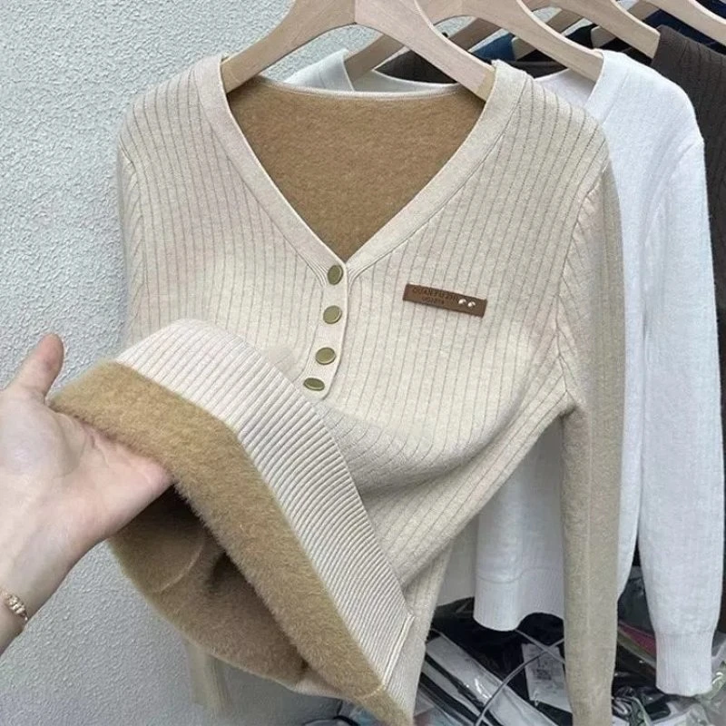 水貂一体绒加绒加厚毛衣针织打底衫女内搭秋冬季洋气修身v领上衣