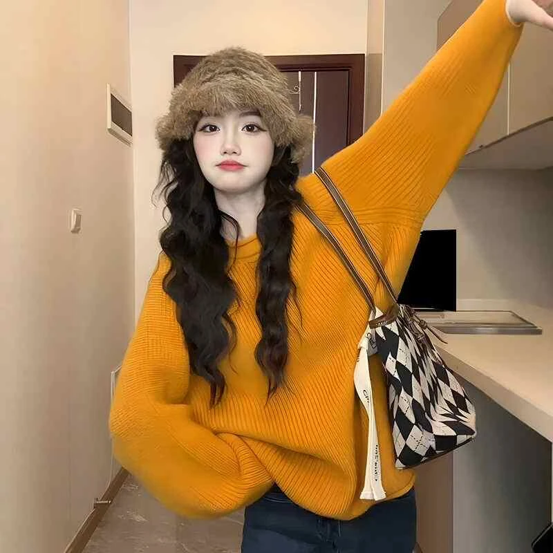 韩系慵懒风针织毛衣秋季新款圆领宽松显瘦百搭外穿套头上衣