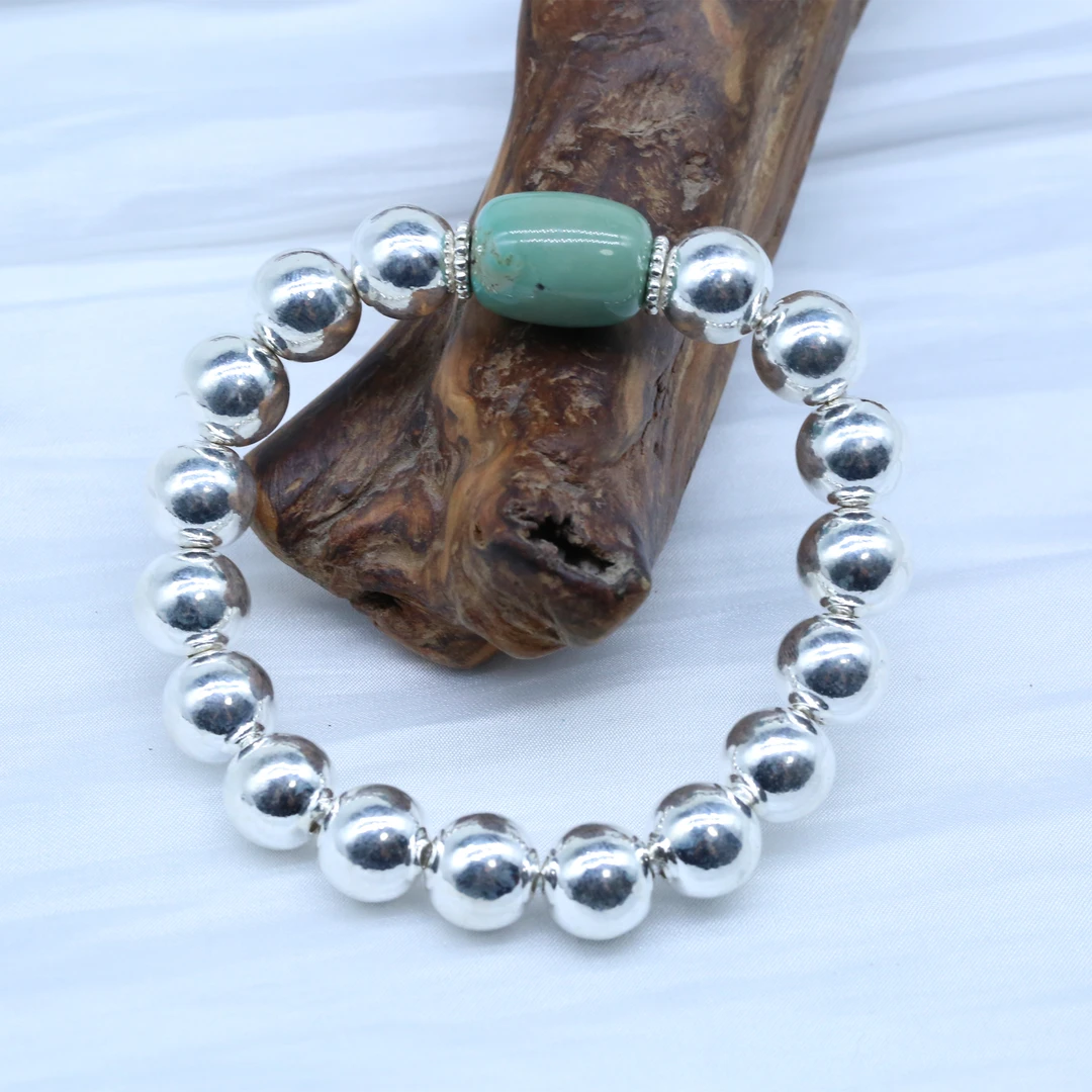 足银手链 椭圆嵩嵩绿色纯银手串手链