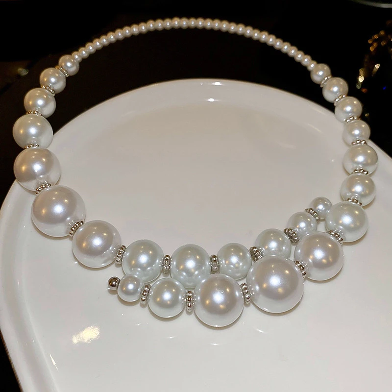 合金仿珍珠项链 大小仿珍珠项链女法式轻奢时尚项圈复古仙女精致