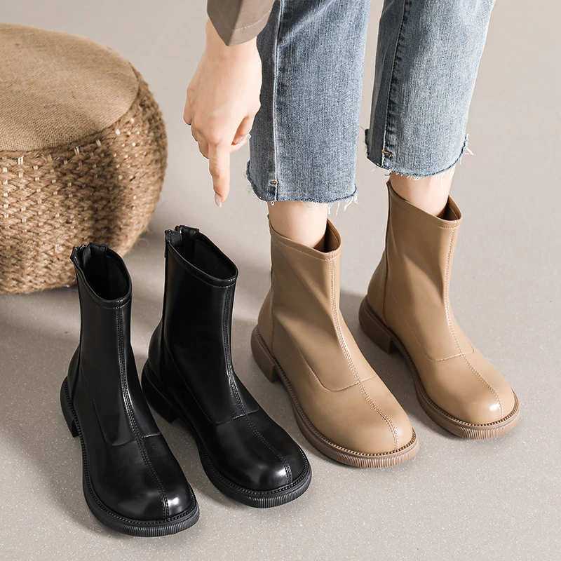 319-1 短靴秋季瘦瘦靴气质切尔西靴黑色真皮中筒平底大码马丁靴