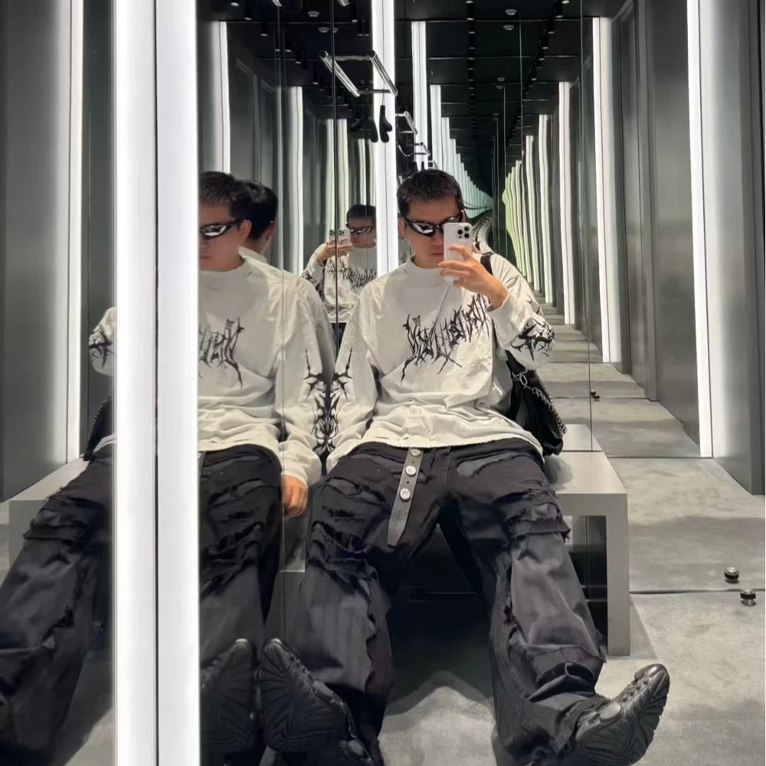 【后劲原样开发】8+荆棘长袖做破重水洗廓形版型印花休闲时尚潮流