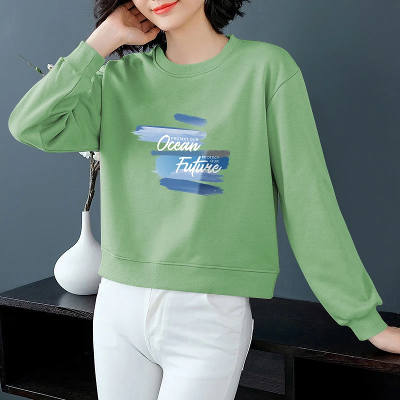 纯棉气质卫衣小个子韩版短款长袖春秋款印花圆领简约宽松休闲上衣