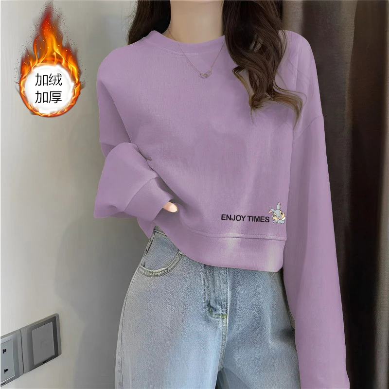 加绒秋冬款短款学生卫衣女宽松韩版ins简约百搭上衣女潮流圆领