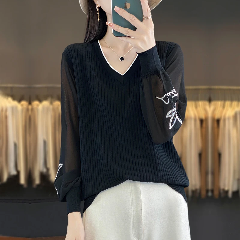 蕾丝打底衫女春装2025新款大码针织上衣宽松遮肉显瘦薄款V领毛衣