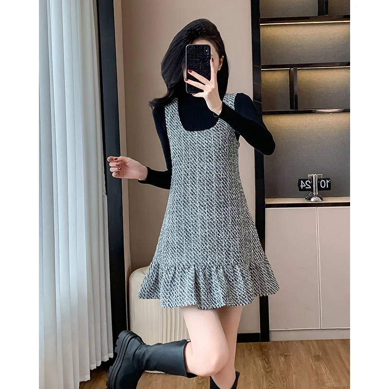 洋气休闲千鸟格包臀气质套装2025毛衣背心裙减龄时尚两件套套装