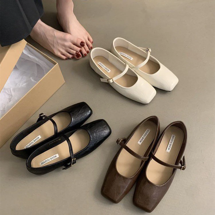 法式复古方头浅口单鞋女2024春季新款韩版仙女休闲软平底玛丽珍鞋